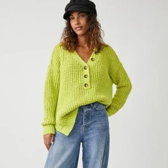 Free People Whistle Thermal Henley Knit Sweater in Acid Lime Combo Size XS - Picture 2 of 9